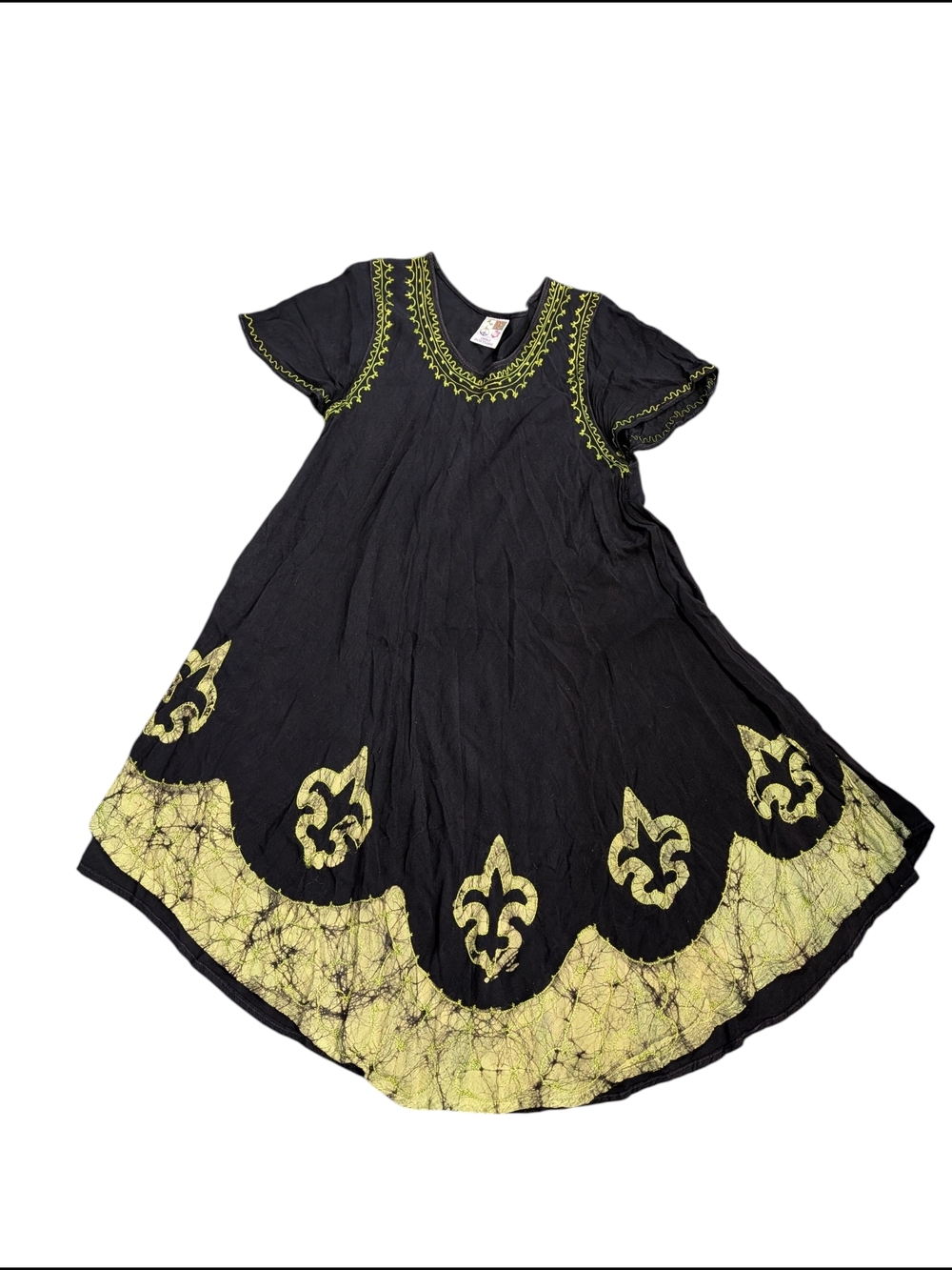 Boho Rayon Babydoll Dress Black Embroidered Chartreuse Fleur-de-Lis Accents